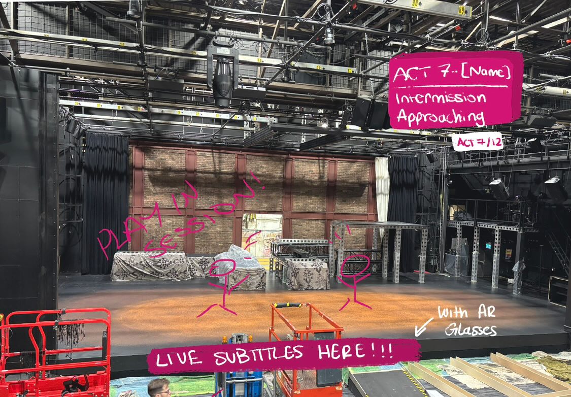 Theater AR - Live Play Menu showing current and remaining acts, Live Subtitles.