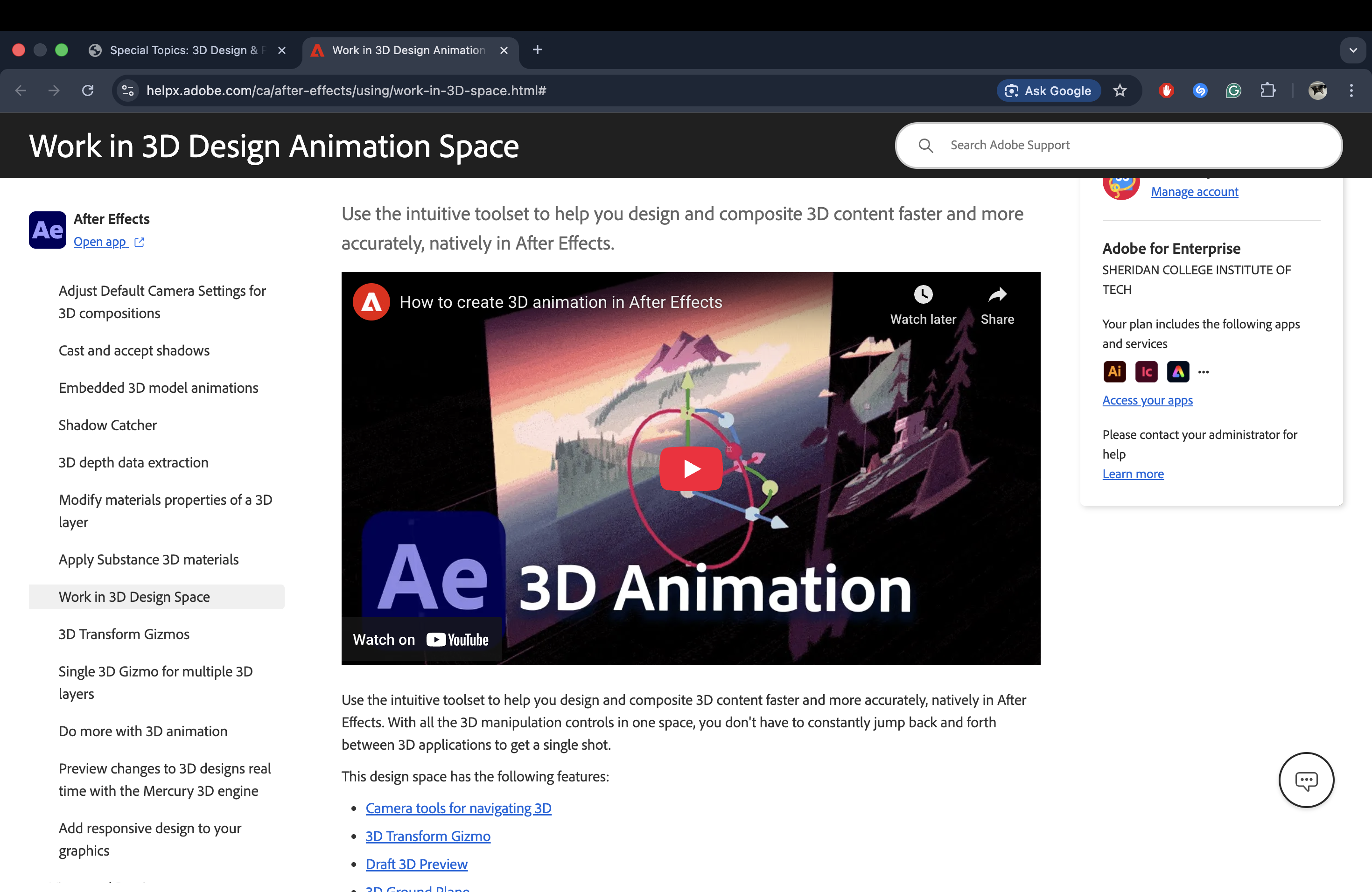 Through my current experience with AE, I have already played around with the software’s 3D Design Animation Space where you are able to take traditionally 2D elements and essentially transform them into a 3D composition.