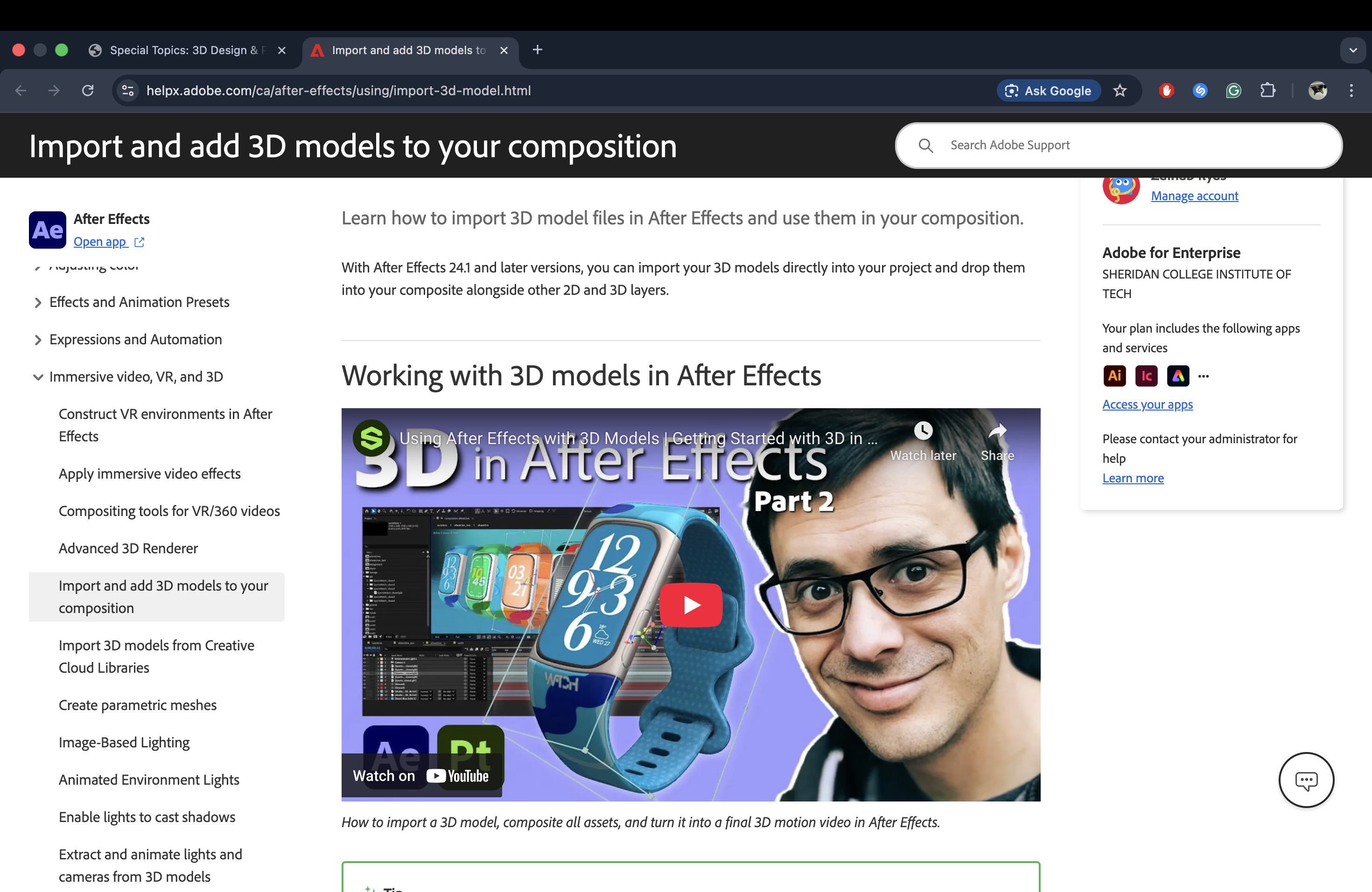 I came across this article by Adobe that explained how to import and animate 3D models. This was the exact stepping stone I wanted to explore throughout this course, combining 3D models, dynamic transitions, creative effects, and layered animation into one narrative.